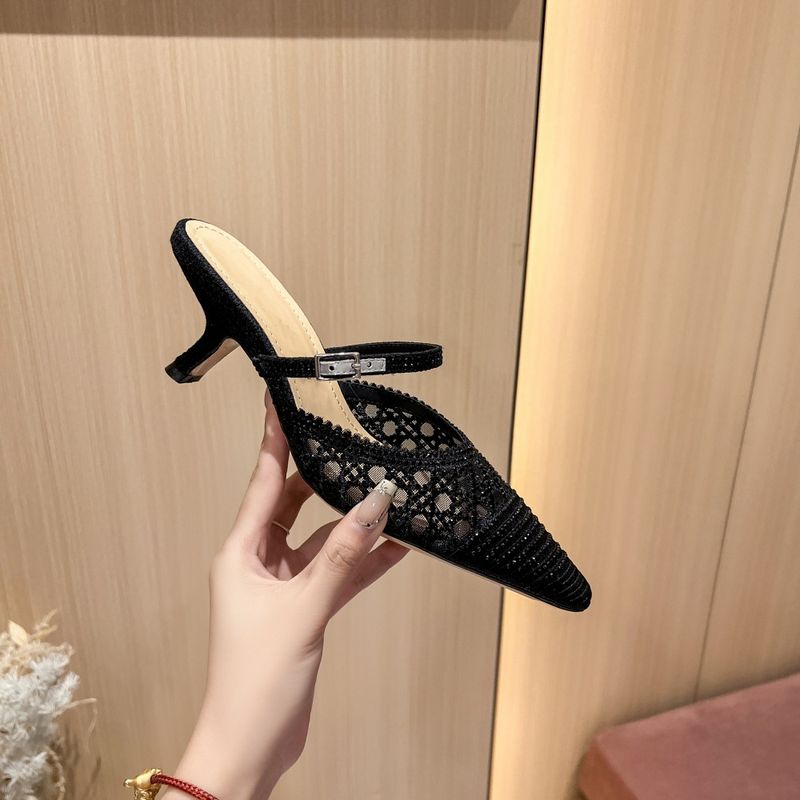 Version D Marke Spitz Stiletto Sommer High Heels Frauen Katze Ferse Backless Flacher Mund Einzelne Schuhe Voll_voghion.com