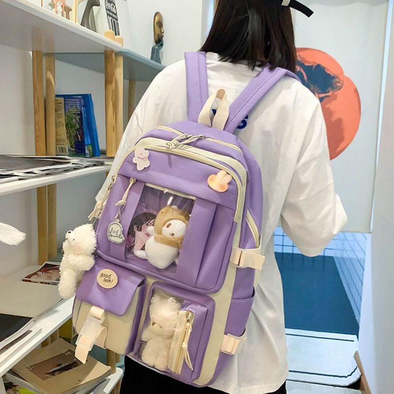 Lihao 5Pcs/Set Student Backpack Adjustable Straps Korean Style Canvas Bookbag Messenger Bag Pencil Case for School-Green_voghion.com