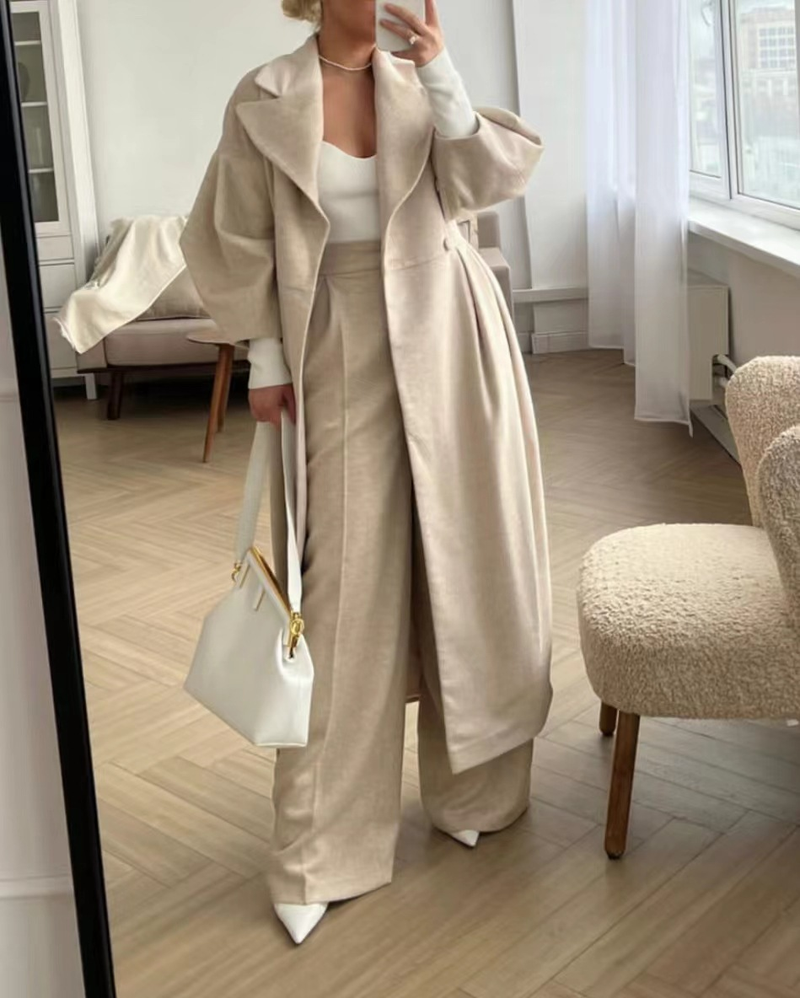 Manteau en laine pour femmes, coupe-vent intellectuel, poche, revers, couleur unie, manches lanternes, nouvelle collection hiver_voghion.com