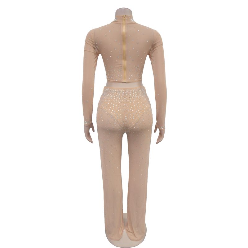 Dameklær Mote Dame Ensfarget Mesh Hot Diamond Langermede Bukser Todelt Sett_voghion.com