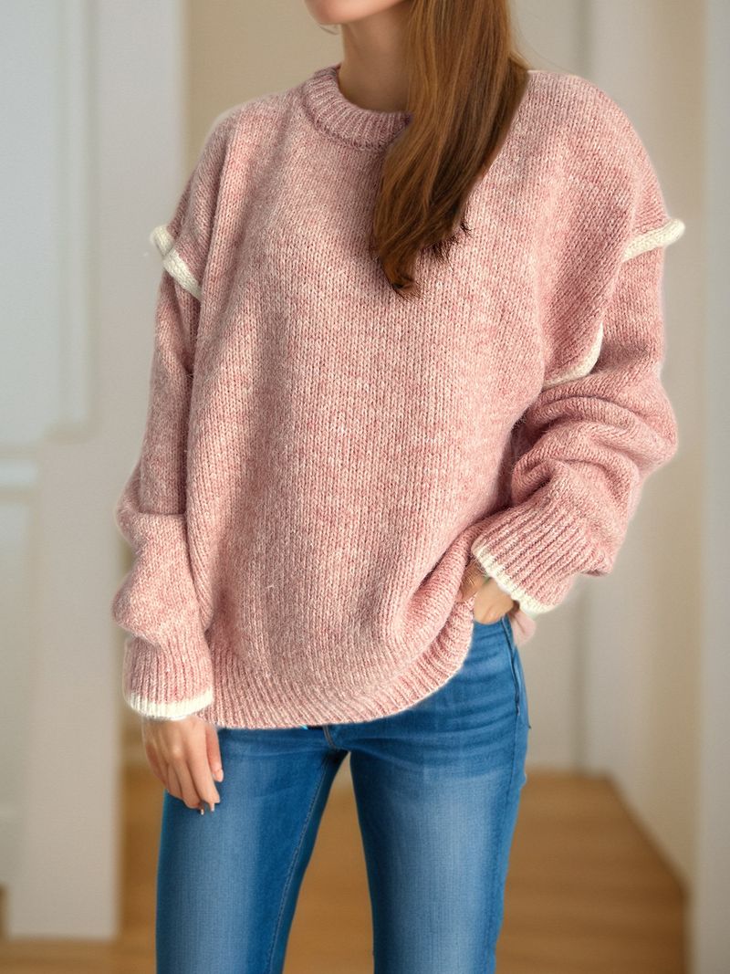Pull en maille patchwork pour femme – Pull oversize à col rond et tissu épais et chaud (rose/gris/beige/kaki, S/M/L)_voghion.com