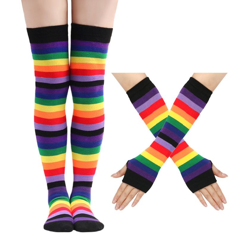 Regenbogensocken, hohe Socken, Kniestrümpfe aus Baumwolle, bunt gestreifte Handschuhe für Damen, Party-Requisiten-Set_voghion.com