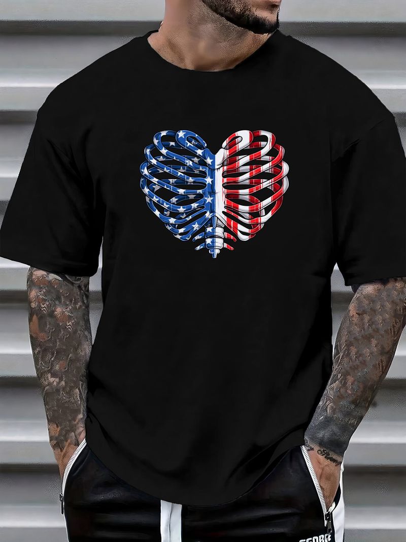 USA Rib Cage Amerikanische Flagge Herren-T-Shirt, 100 % Baumwolle, Oberteil für den Alltag, Sommer, weiche Designerkleidung, Grafik, vielseitig, atmungsaktiv, modisch, Unisex_voghion.com