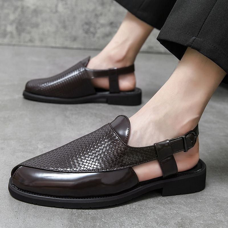Unschlagbare Qualität Modische gewebte Ledersandalen für Herren, britische Sommer-atmungsaktive Schnalle Große Größe Coole Hausschuhe für Herren_voghion.com