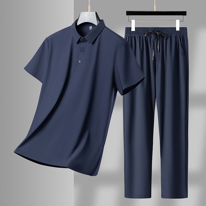 Conjunto informal de camiseta de manga corta y pantalón largo transpirable, sin costuras, con cuello vuelto, para hombre de mediana edad y jóvenes (CT 2025)_voghion.com