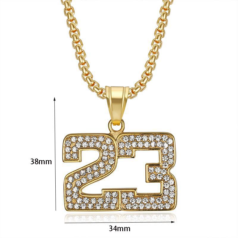 New Hip-Hop Jewelry Titanium Steel Gold-Plated Diamond-Studded Basketball Number 23 Pendant Necklace_voghion.com