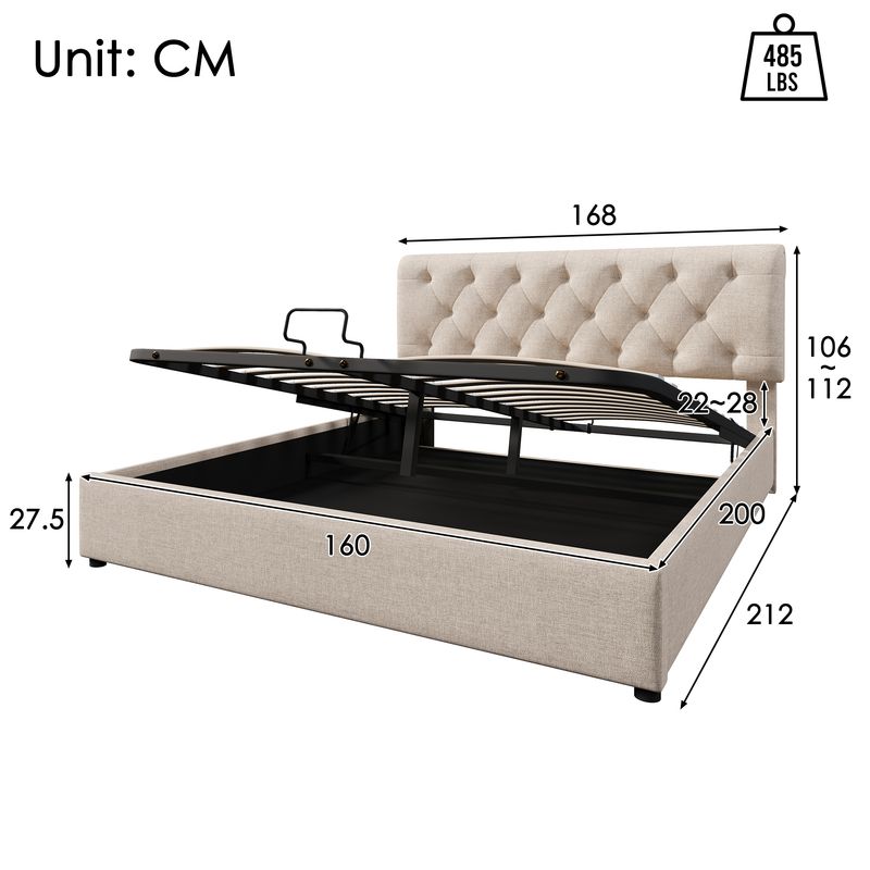 Cadre de lit king size rembourré hydraulique réglable 160 x 200 cm avec lattes métalliques, lit coffre moderne avec tête de lit réglable, design naturel, matelas non inclus_voghion.com