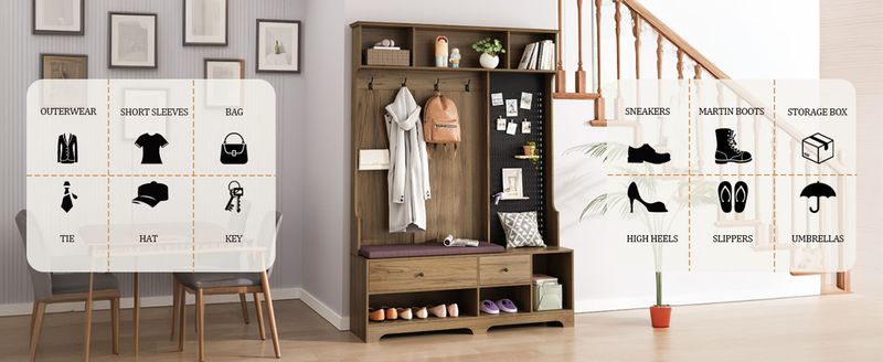 Multi-purpose Hallway Hall Tree With Removable Linen Cushioned Entryway Bench, Coat Rack, Storage Shelves, And DIY Pegboard,for Hallways, Living Room, Brown_voghion.com