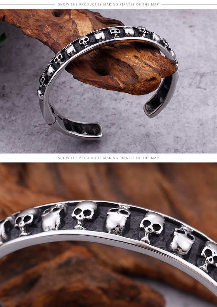 Bracelet punk tête de mort en acier titane pour homme – Manchette motard gothique ajustable – Design géométrique audacieux – Tailles 7 à 11. Bijoux pour homme_voghion.com