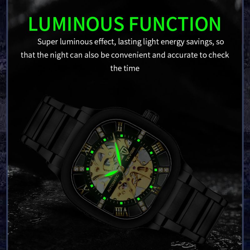 Square Automatic Mechanical Watch Business Watch 30M Waterproof Hollow Skeleton Dial Stainless Steel Mechanical Watch Gifts For Men_voghion.com