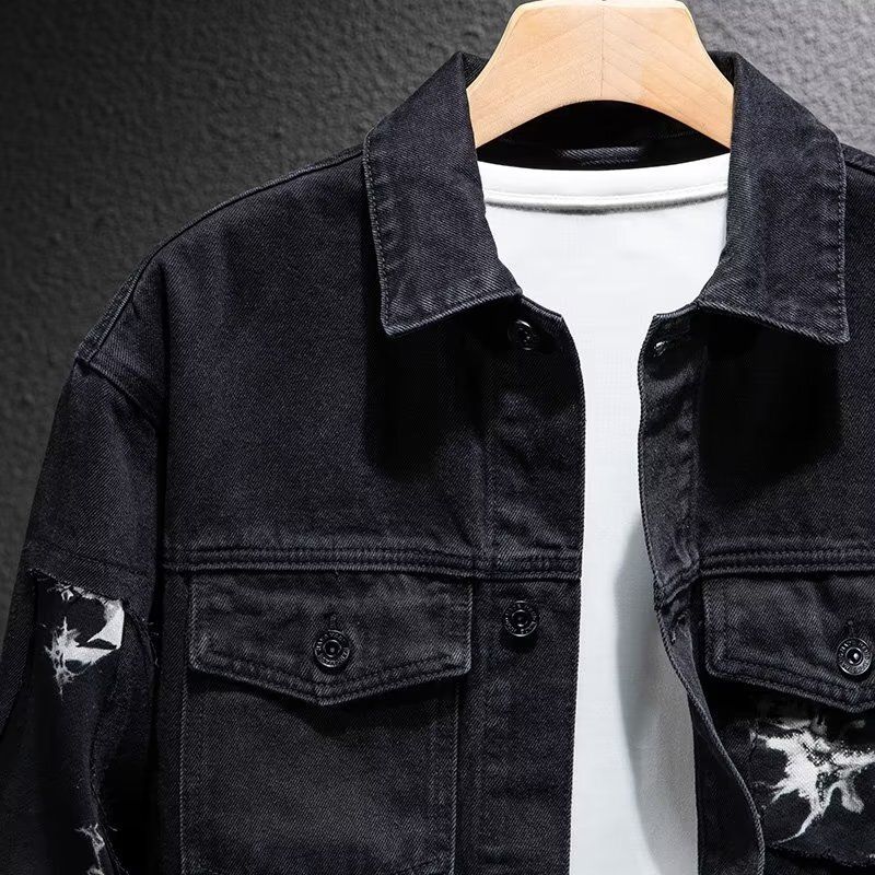 High Street Denim Jacket Häre Kleeder Fréijoer an Hierscht Neie Motorrad Lightning Splicing Jacket Schwaarz Trendy Mark_voghion.com