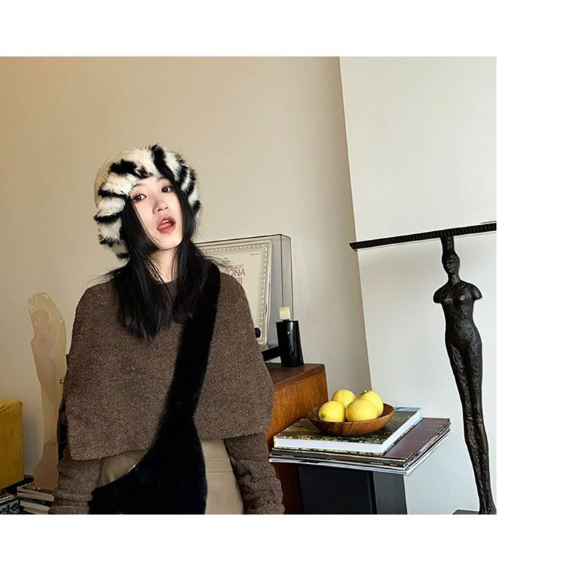 Duży pluszowy kapelusz damski, uroczy kapelusz w kształcie kuli dla dziewczynek na jesień i zimę, wyszczuplający dzianinowy kapelusz_voghion.com