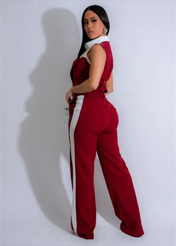 Moda primavera estate colore contrasto due pezzi set donne camicia a maniche corte top dritto pantaloni lunghi elegante 2 pezzi set donne_voghion.com