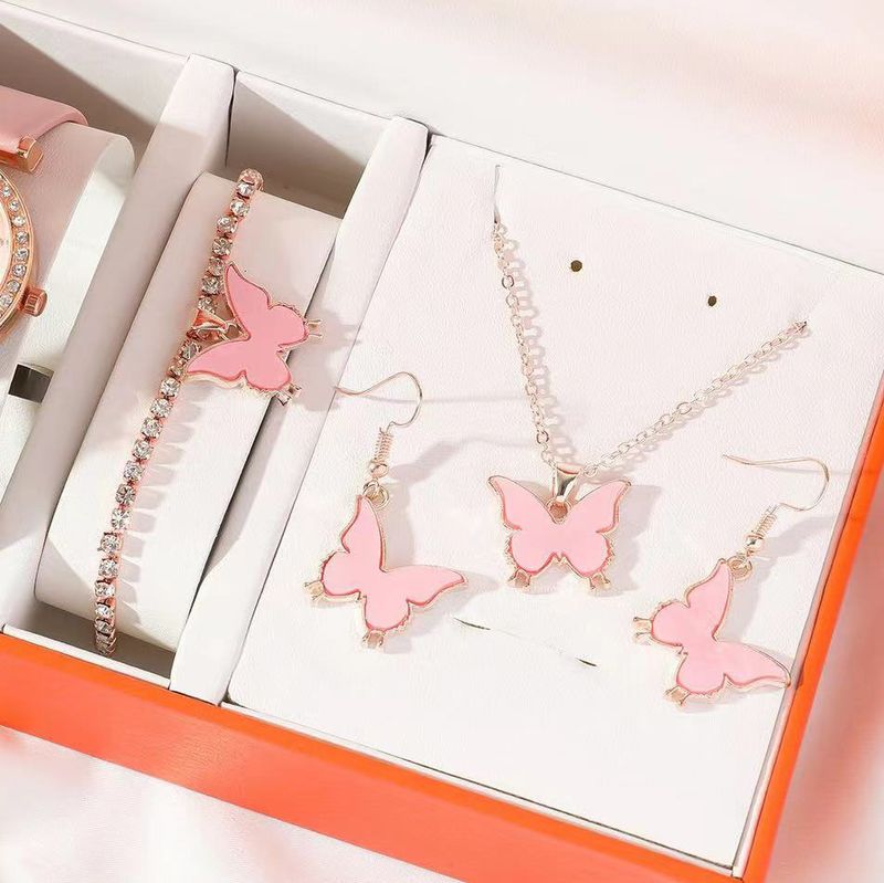 Temperament all match pink butterfly necklace bracelet earrings four piece set_voghion.com
