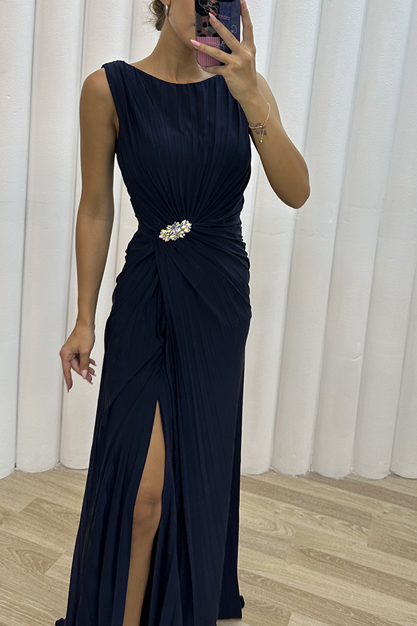 Damenbekleidung neuer Stil Plissee Schlitz Freizeitkleid INS ärmelloses Modekleid Abendkleid für Damen_voghion.com