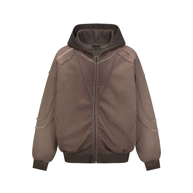 Felpa con cappuccio destrutturata da uomo – Felpa oversize con zip, stampa grafica e dettagli con bordi grezzi (rosso/grigio)_voghion.com