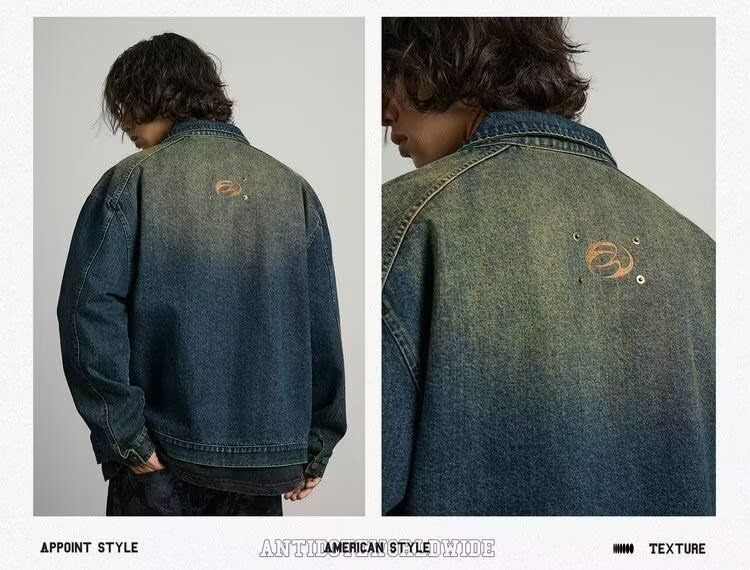 Giacca casual da uomo in denim con cerniera, ampia tasca e colletto rovesciato, tinta unita, primavera e autunno 2025_voghion.com