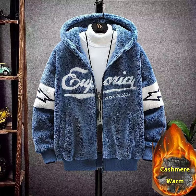 Uomo Autunno/Inverno 2024 Nuovo Cappotto con Spessore Agnello Pile Caldo Felpa con Cappuccio Ricamato Trendy Studente Casual Giacca di Cotone_voghion.com
