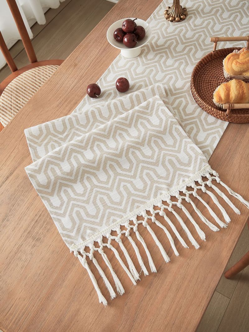 Couchtisch Kontrastmuster Garngefärbter Tischläufer Beige Wellenquaste Gewebte Tischdecke_voghion.com
