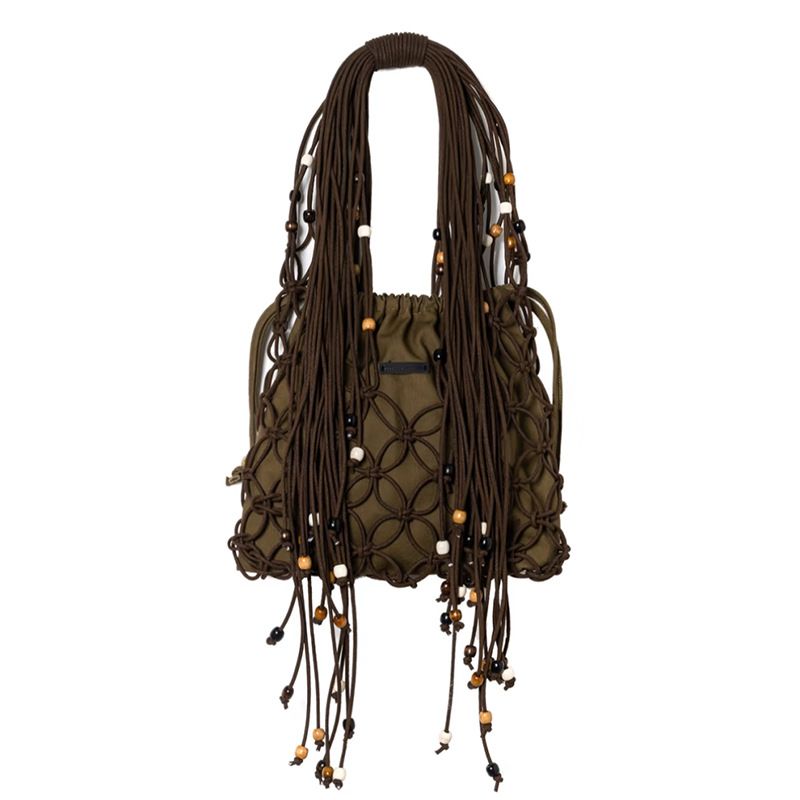 Borsa da donna alla moda, casual, con tracolla singola, in rete cava, con perline in legno, per la primavera e l'estate 2025, in corda di cotone con design di nicchia._voghion.com