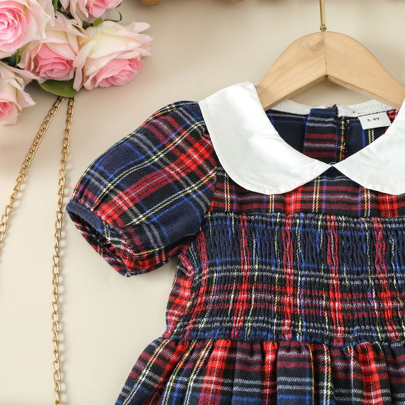 Mother & Kids Un pezzo del vestito a maniche corte per ragazze nuovo stile estivo 2024 per bambine con colletto a quadri a quadri_voghion.com