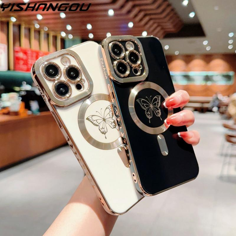Luxusní magnetické pouzdro MagSafe pro iPhone 14 13 12 11 Pro Max 11 14 Plus nárazuvzdorné kryty s motivem srdce a motýla_voghion.com