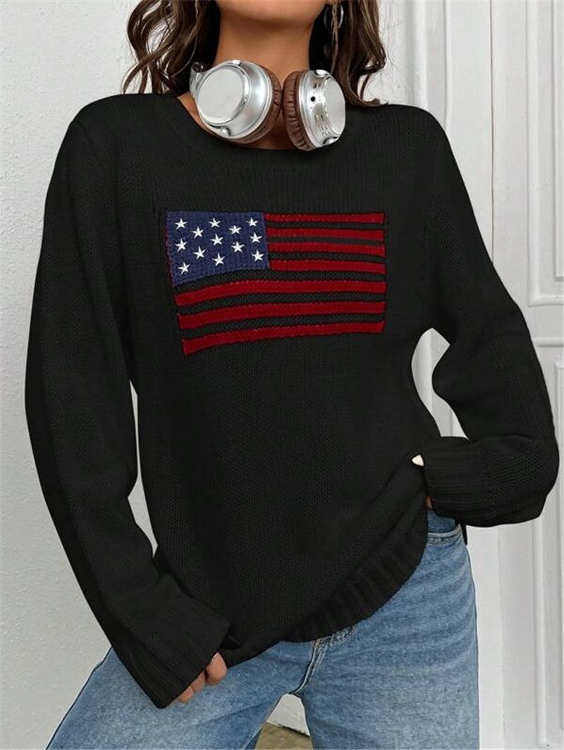 Women's Clothing New Loose Round Neck Flag Pattern Simple Versatile Knitted Sweater_voghion.com