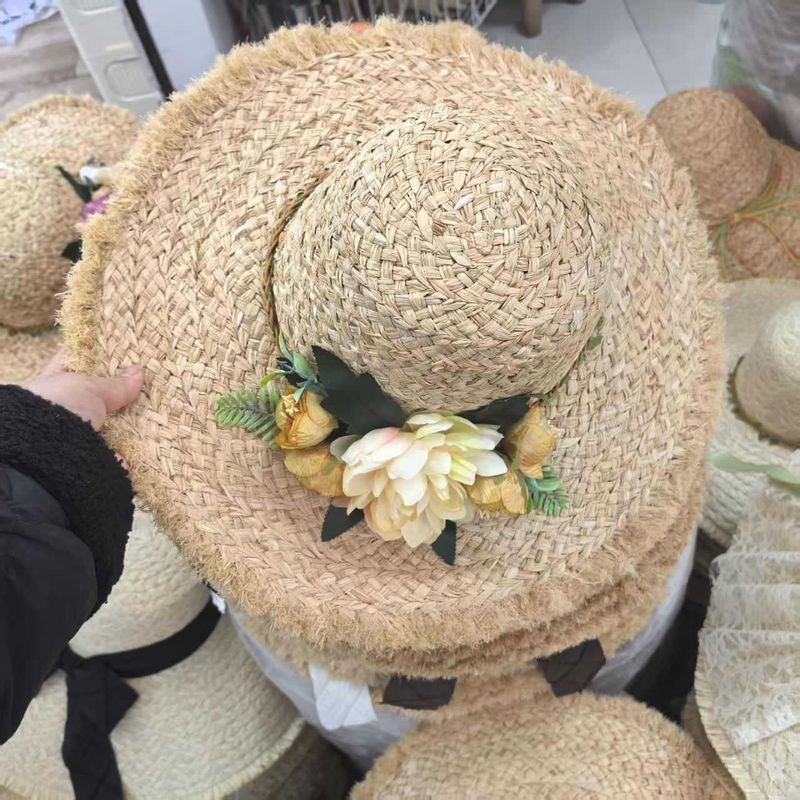 raffia Woven Women's Summer French Style Floral Beach Vacation Wide Brim Sun Hat_voghion.com