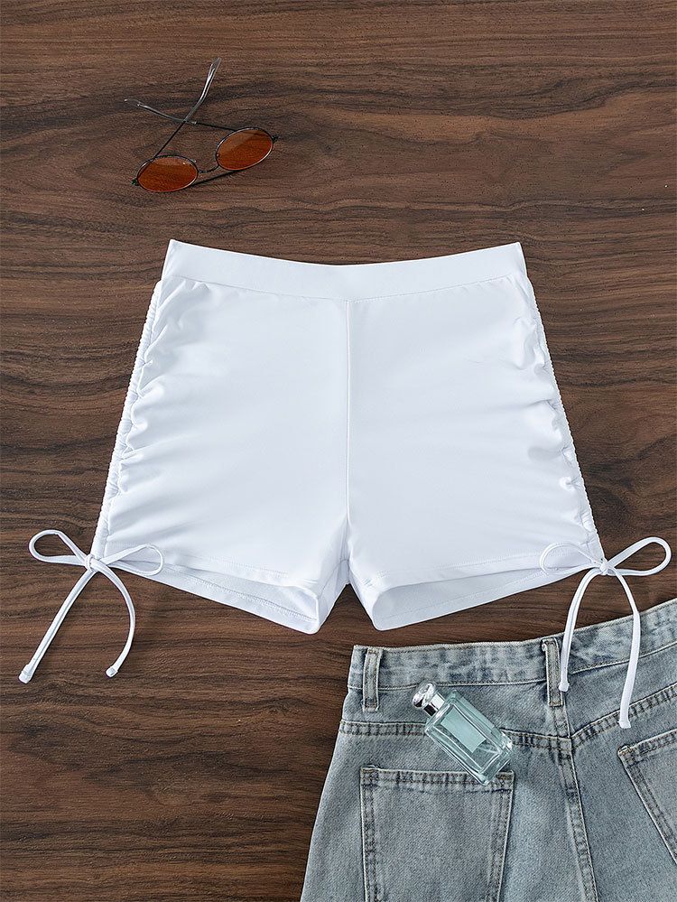 Boxer a pieghe a vita alta aderenti elasticizzati, nuovi pantaloncini da bagno da donna in tinta unita con coulisse sui fianchi, bottoni sui quattro angoli_voghion.com