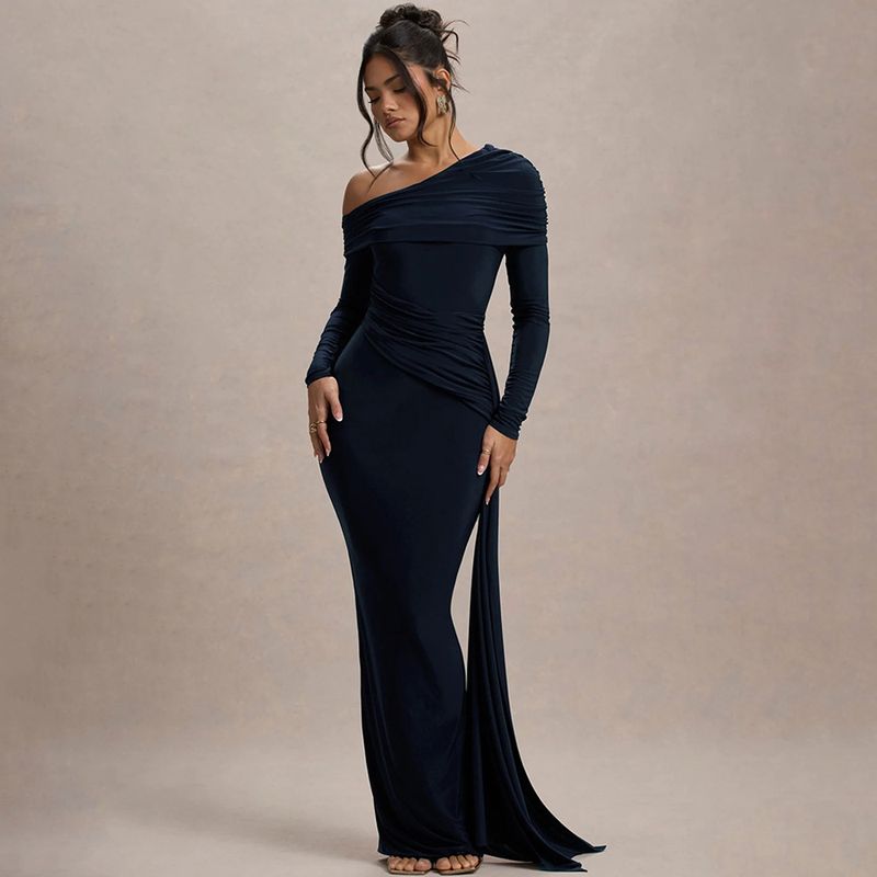 Elegante abito aderente a maniche lunghe con spalle scoperte, volant e vita alta – Abito da sera slim fit alla moda per donna_voghion.com