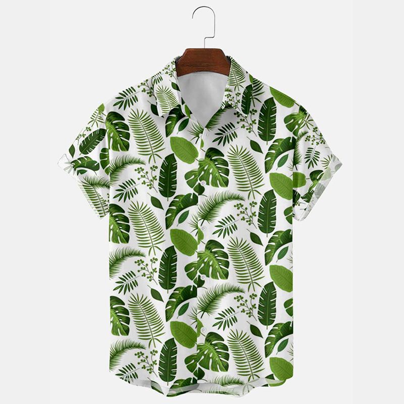 Loose Green Leaf Print Lapel Summer Short Sleeved Casual Youth Men's Short Sleeved Shirt_voghion.com