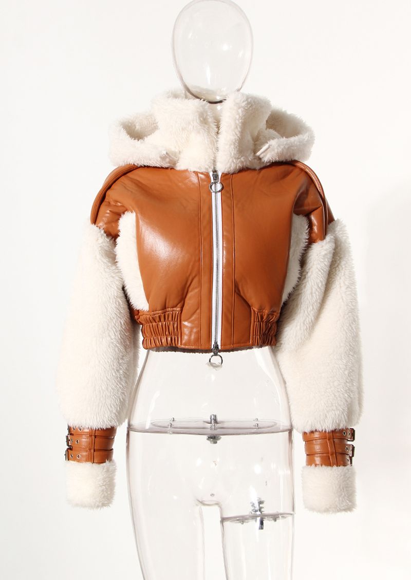 Fur one-piece lamb fur short coat women's winter American retro stitching contrast color hooded motorcycle jacket top_voghion.com
