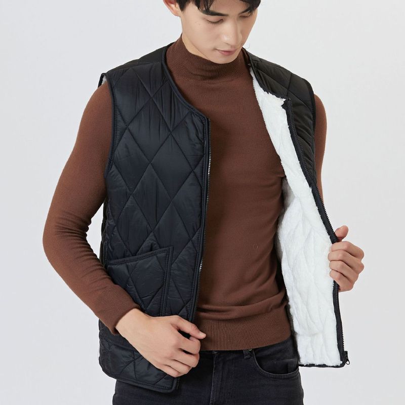 Neue Herbst- und Winter-Fleece-Weste für Herren mit warmem Reißverschluss und Außentaschen in Übergröße, kurze Diamantweste für Herren mit Schultergurt_voghion.com