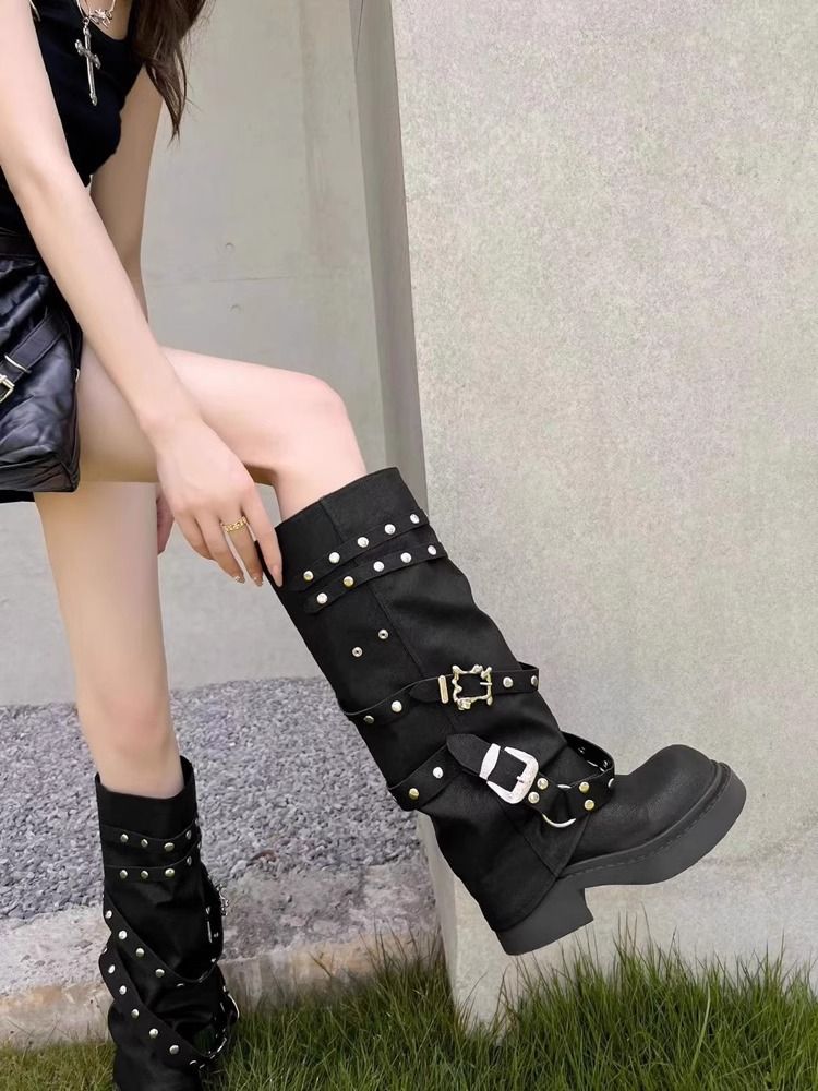 Black Studded Women's Boots Riding Boots Fashionable Versatile_voghion.com