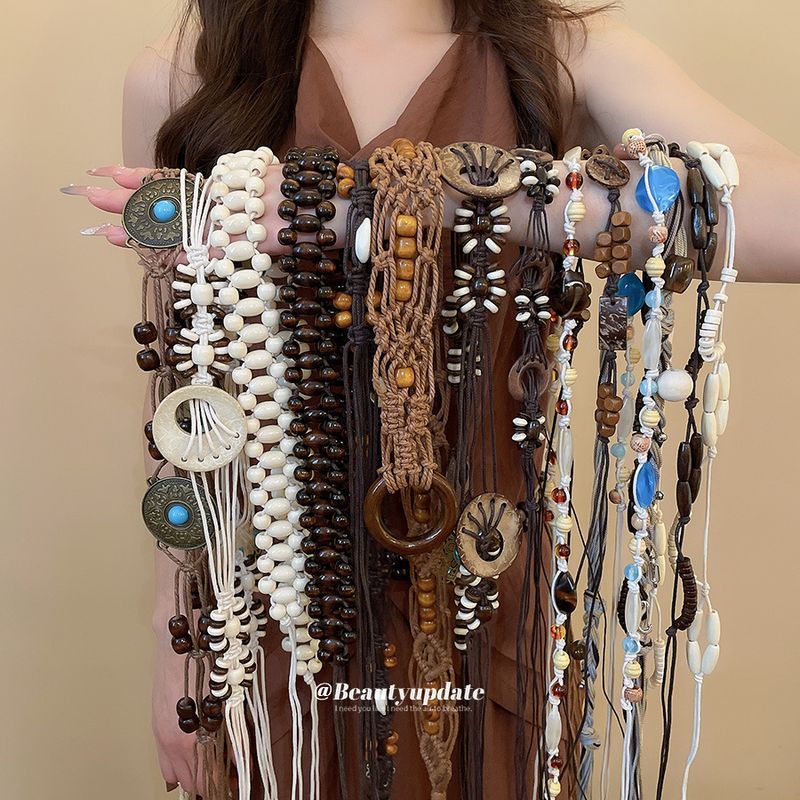 Chaîne de taille en perles de bois et résine acrylique tissée à la main, style ethnique, accessoire de mode pour femmes_voghion.com