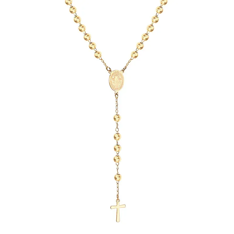 LUXUSTEEL Perline Collana lunga con croce di Gesù per donna Uomo Rosario in acciaio inossidabile cristiano cattolico religioso_voghion.com