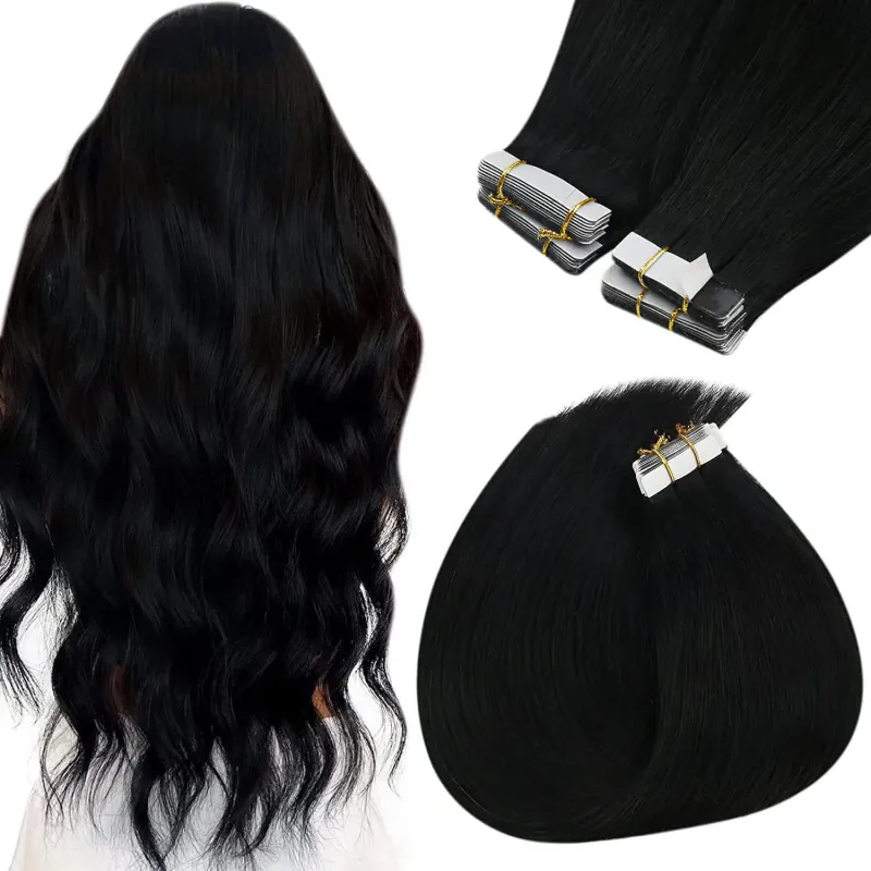 Tape In Human Hair Extensions 16-26 Inch Straight Natural Black 100% Remy Skin Weft Adhesive Glue On For Salon High Quality_voghion.com