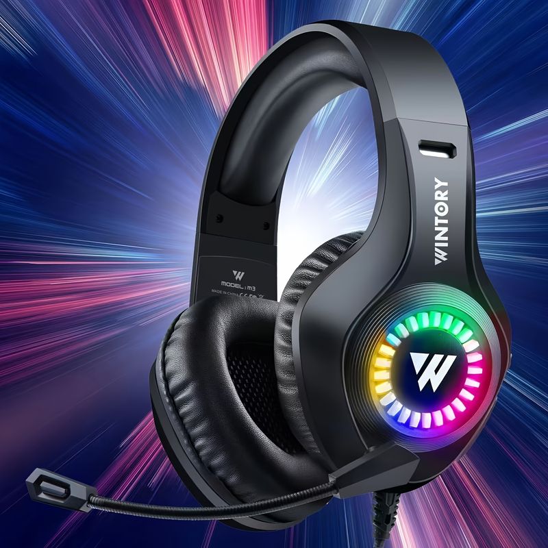 1pc Fone de ouvido para jogos RGB com fio e microfone ajustável, alça telescópica ajustável, protetores auriculares macios e confortáveis, computador RGB com fio_voghion.com