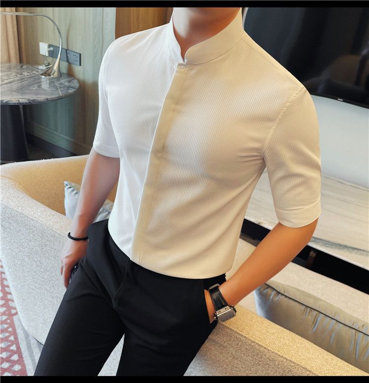 Douyin fornisce camicie da uomo a maniche lunghe, slim fit, con colletto alto, a maniche lunghe, con bottoni nascosti, nuove camicie estive._voghion.com