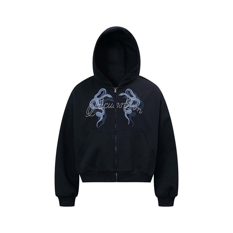 Retro-Kapuzenjacke mit Doppelschlangen-Print – Übergroßer Streetwear-Unisex-Reißverschluss mit Strass-Details | Vintage-inspiriertes Statement-Piece_voghion.com