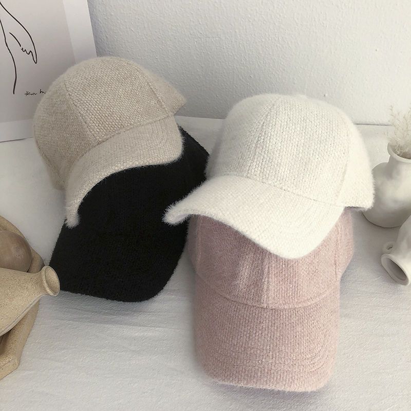 Gorra de béisbol cálida de piel de conejo para mujer, gorro adelgazante para otoño e invierno, estilo coreano, color blanco y negro_voghion.com