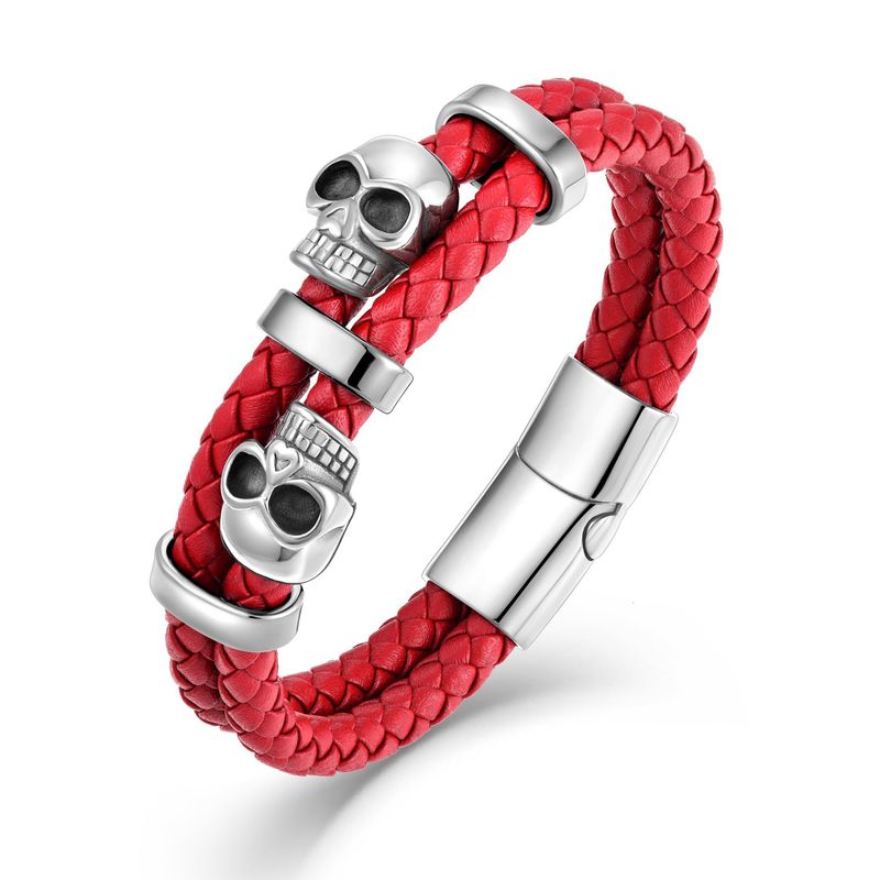Braccialetto in pelle con teschio e corda rotonda bicolore in acciaio con chiusura magnetica per Halloween e perline in pietra naturale pura_voghion.com