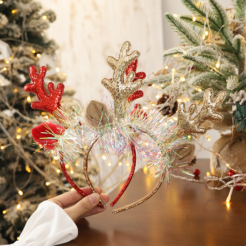 Christmas gift Christmas headband, new high end large elk antler bells, sequins, Christmas headband decoration, forest hair accessories for women_voghion.com
