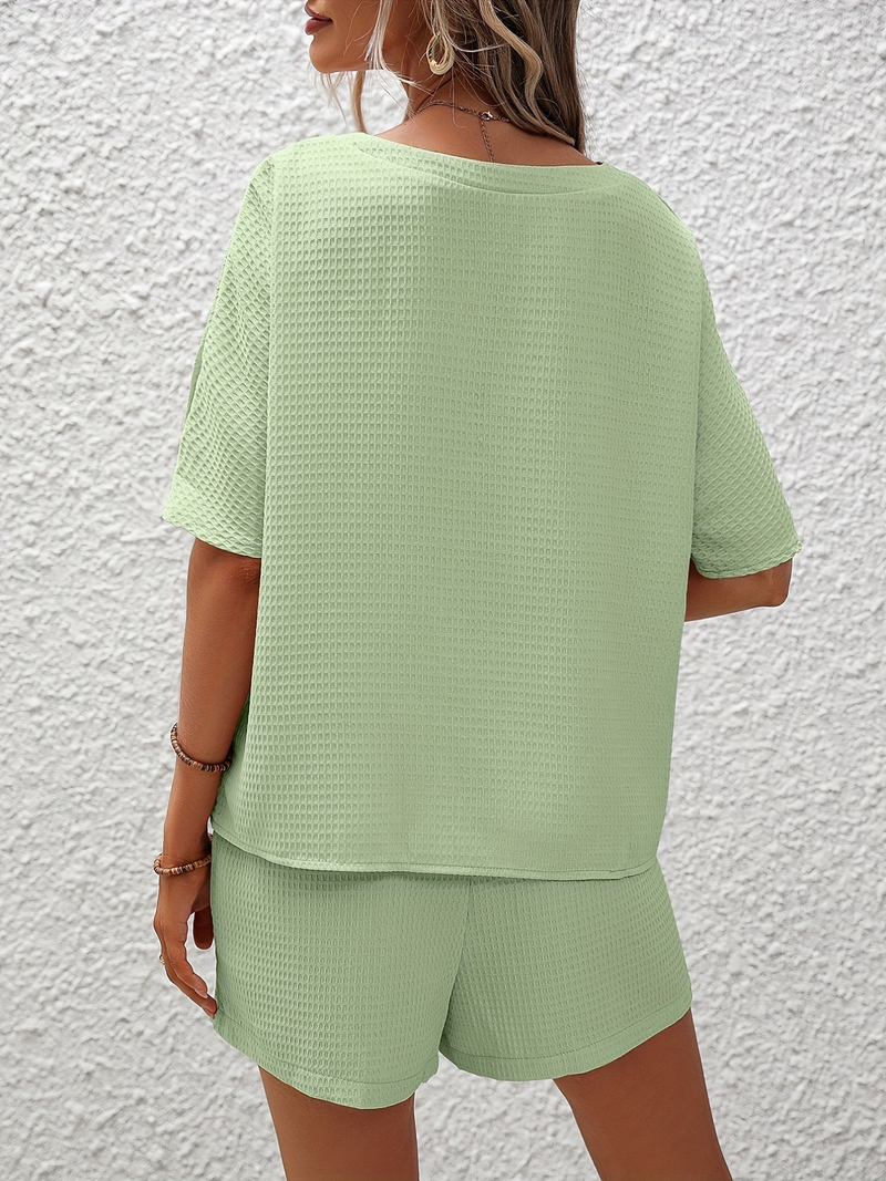 Solid Waffle Two-piece Set, Crew Neck Short Sleeve Tee & Drawstring Shorts Outfits, Women's Clothing_voghion.com