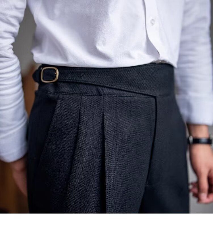 Herrenbekleidung Lässige Anzughose mit hoher Taille Herren Herbst Paris Schnalle Business Drape Gerade Hose Naples Retro Drape Anzughose_voghion.com