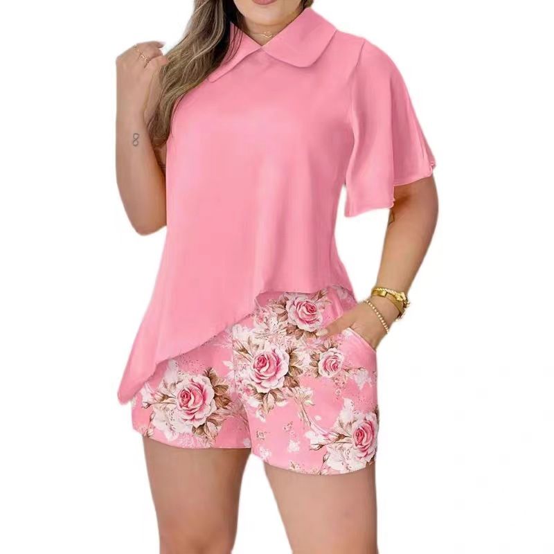 Audday 2025 Summer Solid Color Lapel Irregular Design Top Fashion Casual Printed Shorts Set_voghion.com