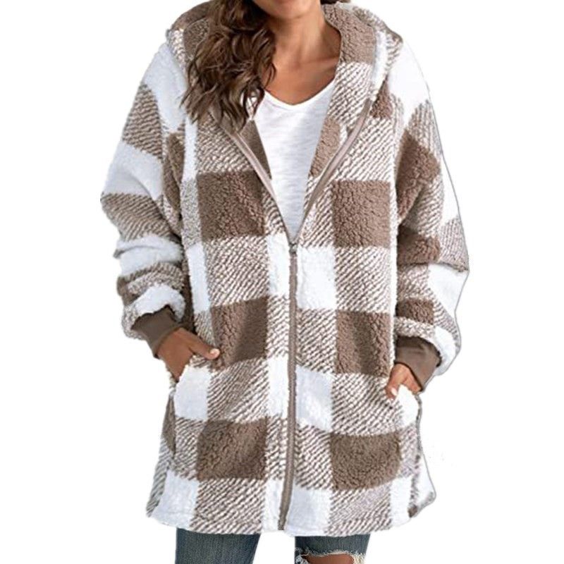 Manteau en peluche européen et américain pour femmes 2024 Nouveau manteau ample à manches longues à capuche avec fermeture éclair et poche_voghion.com