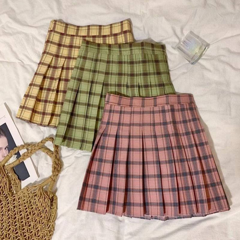 Gonna a pieghe a vita alta a quadri color caramella per donna, stile preppy, con minigonna morbida a quadri color caramella_voghion.com