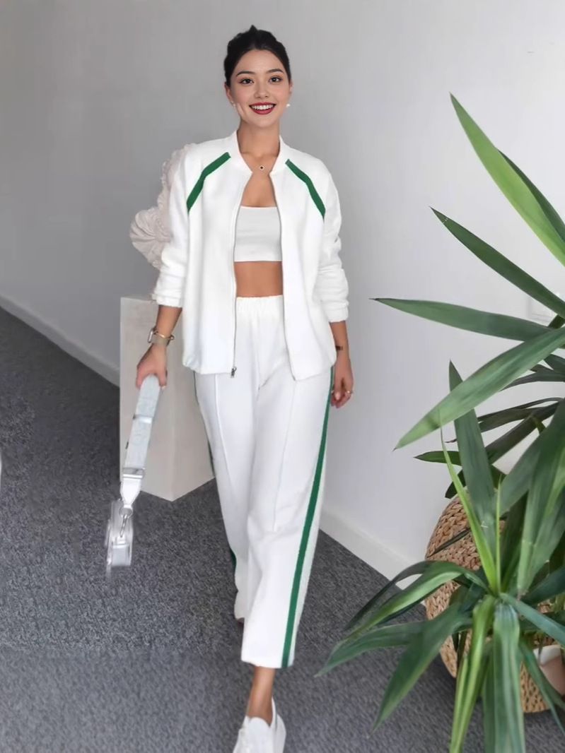 Lässiges zweiteiliges Set für Damen, Frühlings-Loungehose mit Streifen und Farbblock – Bequemer, dehnbarer Jogginganzug aus Polyester für Sport, Reisen und den Alltag_voghion.com