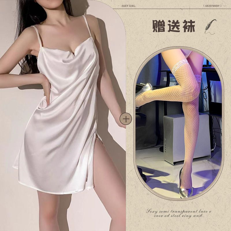Langpinheng Sexy per donne in pura seta traforata liscia da indossare in casa, lingerie erotica, camicia da notte con spalline calde_voghion.com
